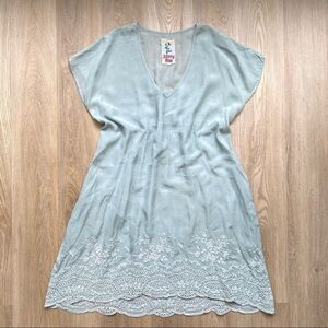 Johnny Was Blue Aqua Sheer Tunic Embroidered Floral Hem V-Neck